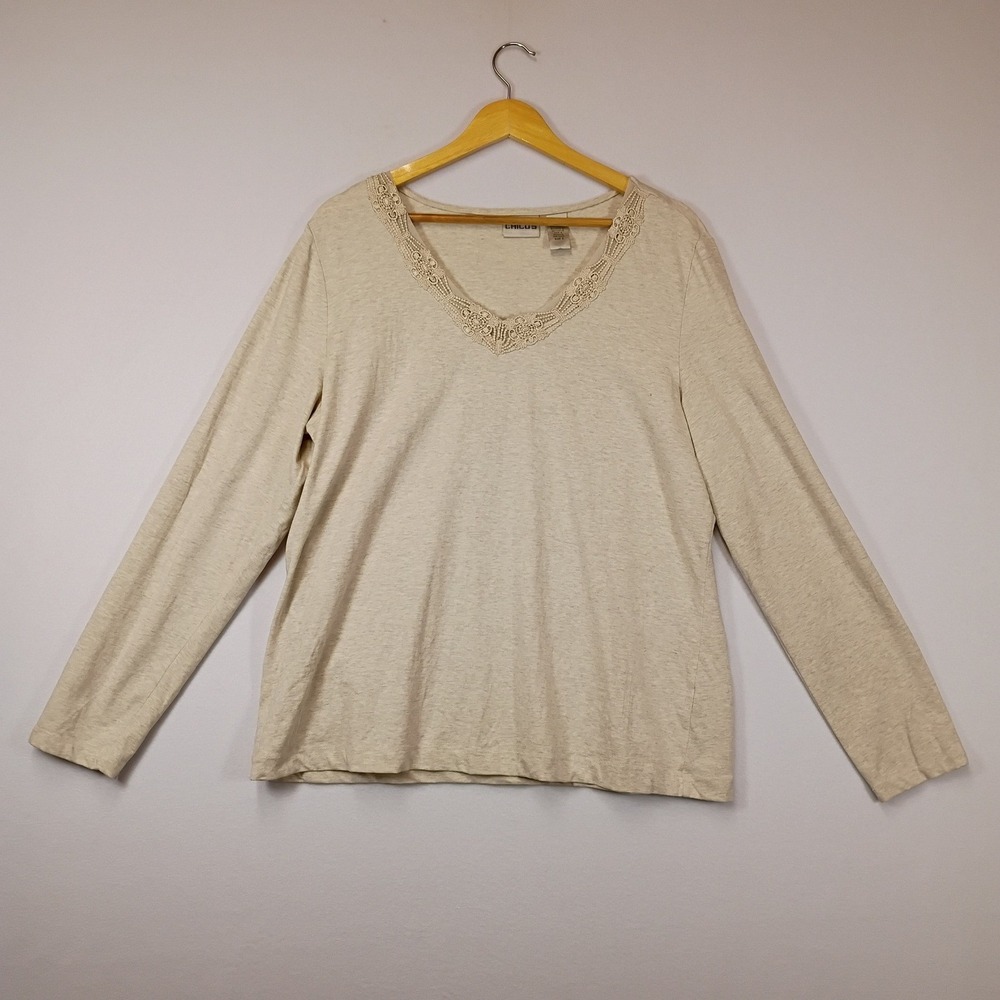 Boho Chic Chicos Womens Size 3 Oatmeal Crochet Lace Trim V-Neck Long Sleeve Top